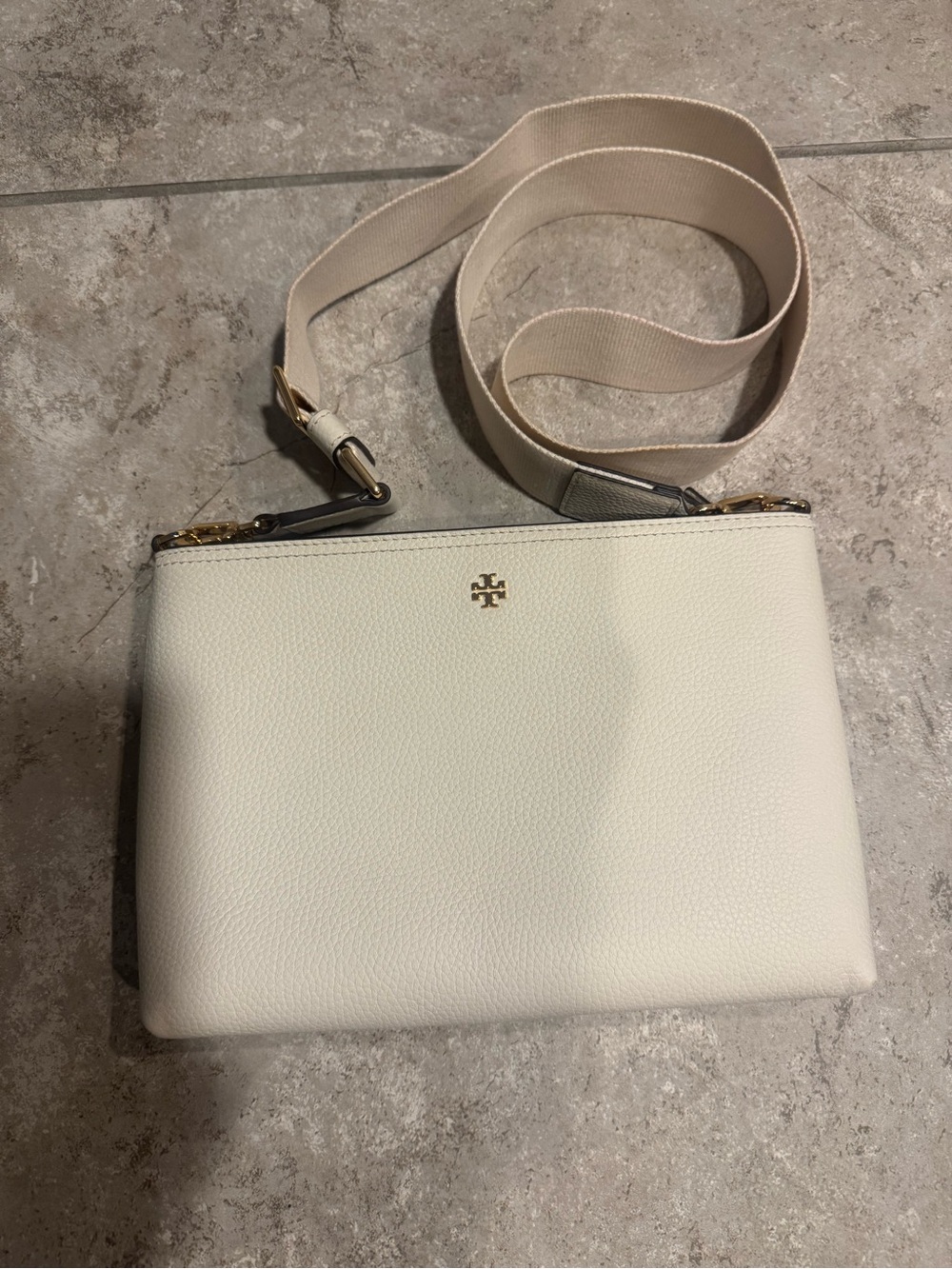 Tory Burch Off-White Pebbled Leather Crossbody with Canvas Strap
